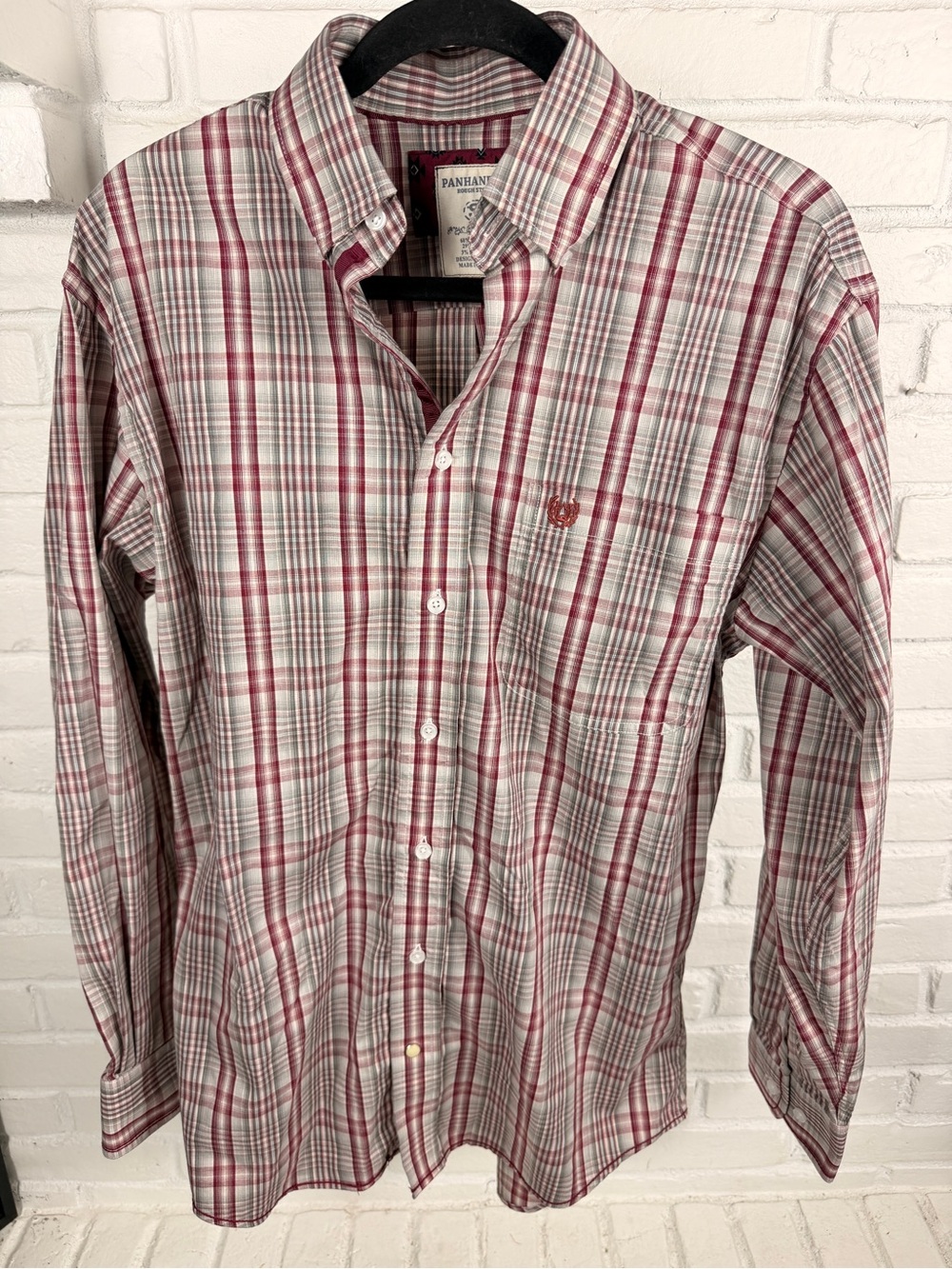 Panhandle Rough Stock Plaid Western Button Down Small Burgundy Pearl Snap Style